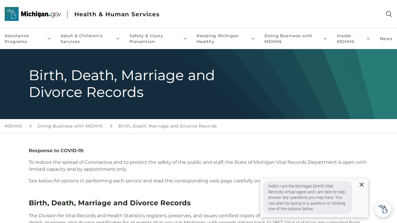 Birth, Death, Marriage and Divorce Records - Michigan